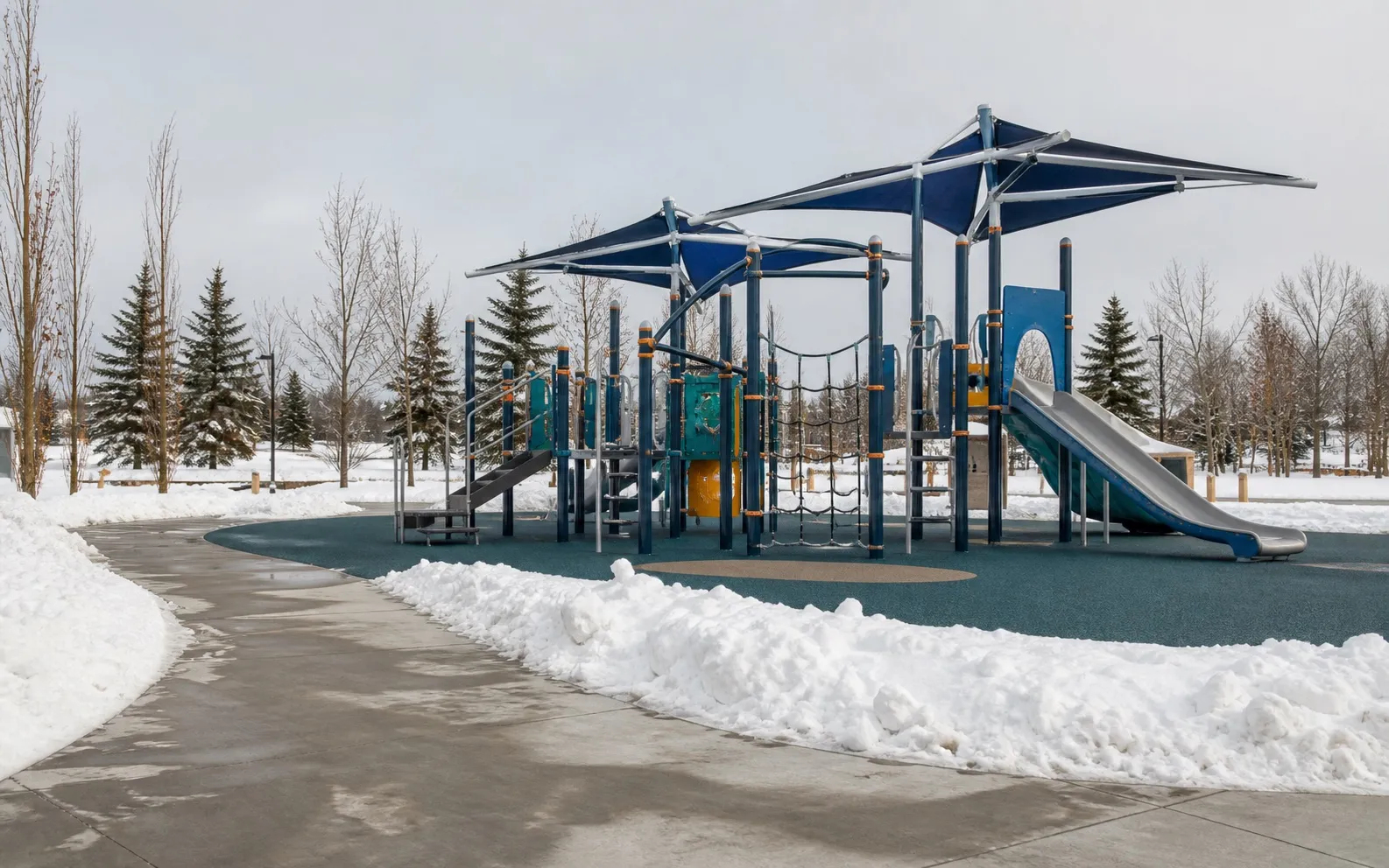 Canadian playground winter durability planning concept Concept visualization of commercial playground equipment in a Canadian winter climate