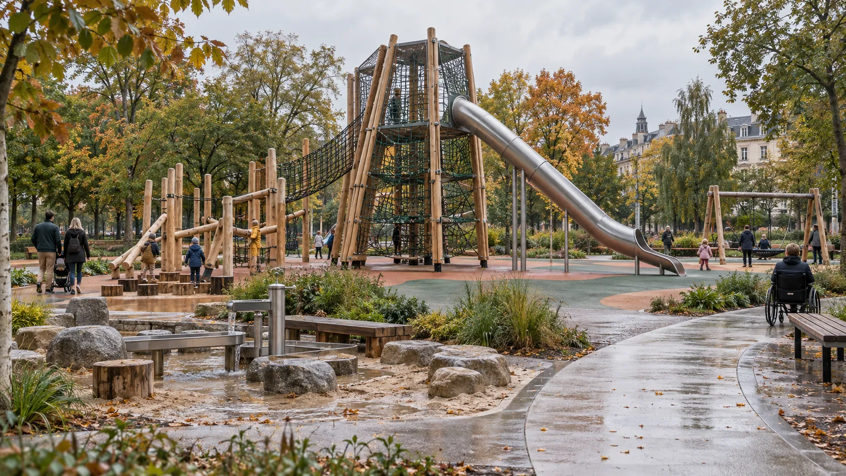 European commercial playground planning concept Concept visualization of an inclusive commercial playground in a European urban park
