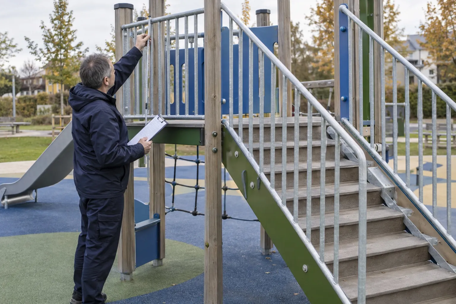 European playground inspection planning concept AI-generated concept of a playground safety inspector assessing commercial equipment to an EN 1176 project brief