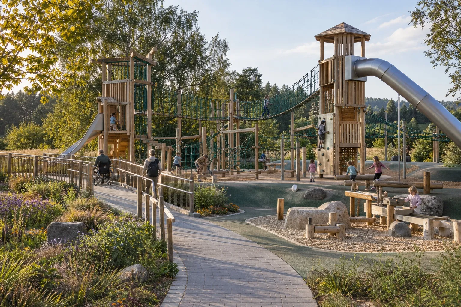 Inclusive European nature playground planning concept AI-generated concept of an inclusive nature-inspired destination playground in a European regional park
